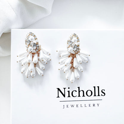 Pearl Tassel Dangle Statement Earrings with Oval Sparkle and Pearl Top Detail