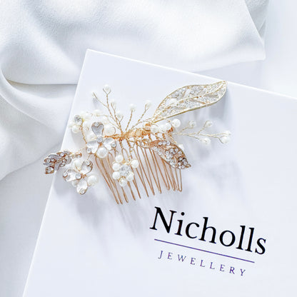 Gold Metal Rhinestone Crystal Leaf and Scatter Pearl Comb