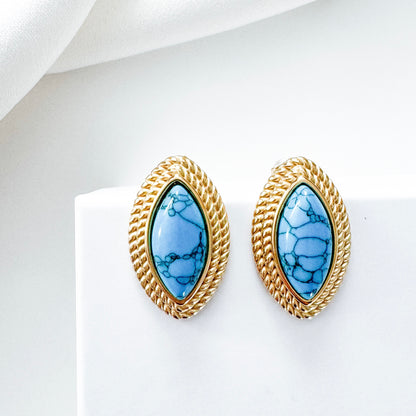 Oval Diamond Shape Blue Stone 18k Gold Earrings