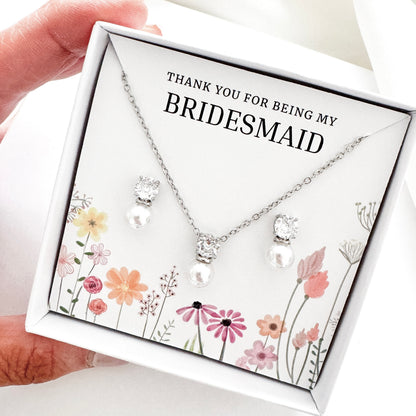 Pearl Bridesmaid Jewellery Gift Set – Cubic Zirconia & Pearl Earrings with Matching Necklace