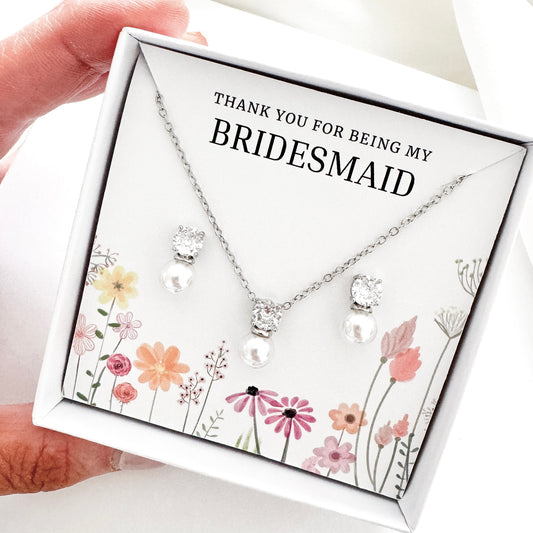 Pearl Bridesmaid Jewellery Gift Set – Cubic Zirconia & Pearl Earrings with Matching Necklace