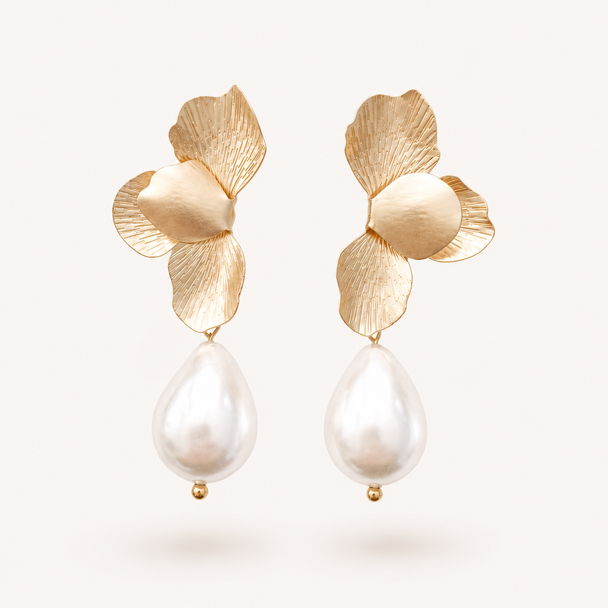 Gold Folded Flower Earrings with Chunky Teardrop