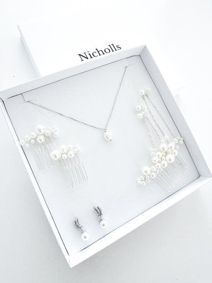 Wish Bone Crystal and Pearl Earring, Comb and Necklace Set