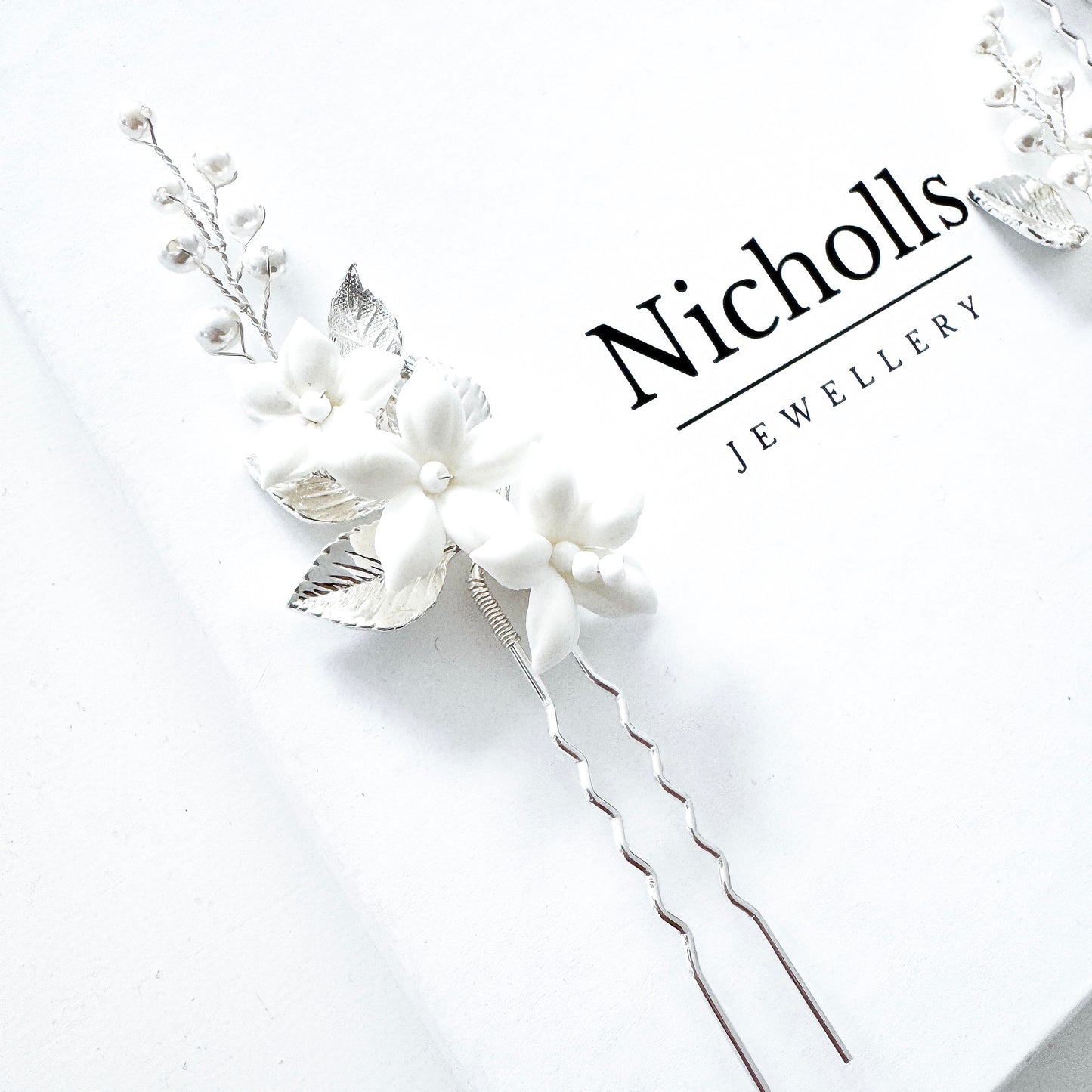Bridal Porcelain Flower Hair Pins with Pearls – Elegant Wedding Hair Accessories (Set of 3)