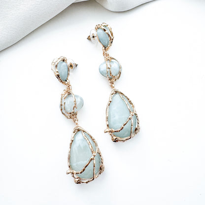 Gold Drip & Blue Grey Crystal Drop Earrings – Statement Party, Bridal & Christmas Jewellery