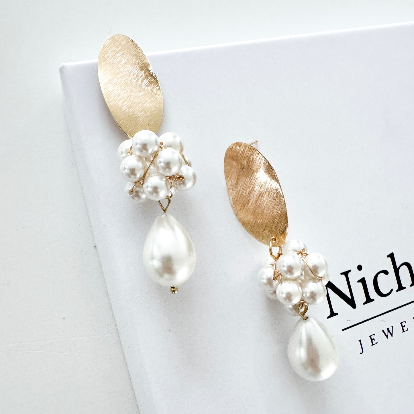 Brushed Gold Oval Cluster Ball and Chunky Pearl Statement Earrings