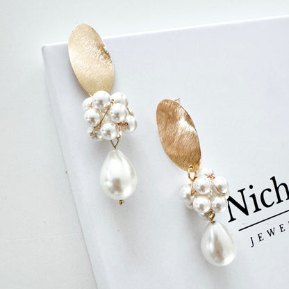 Brushed Gold Oval Cluster Ball and Chunky Pearl Statement Earrings