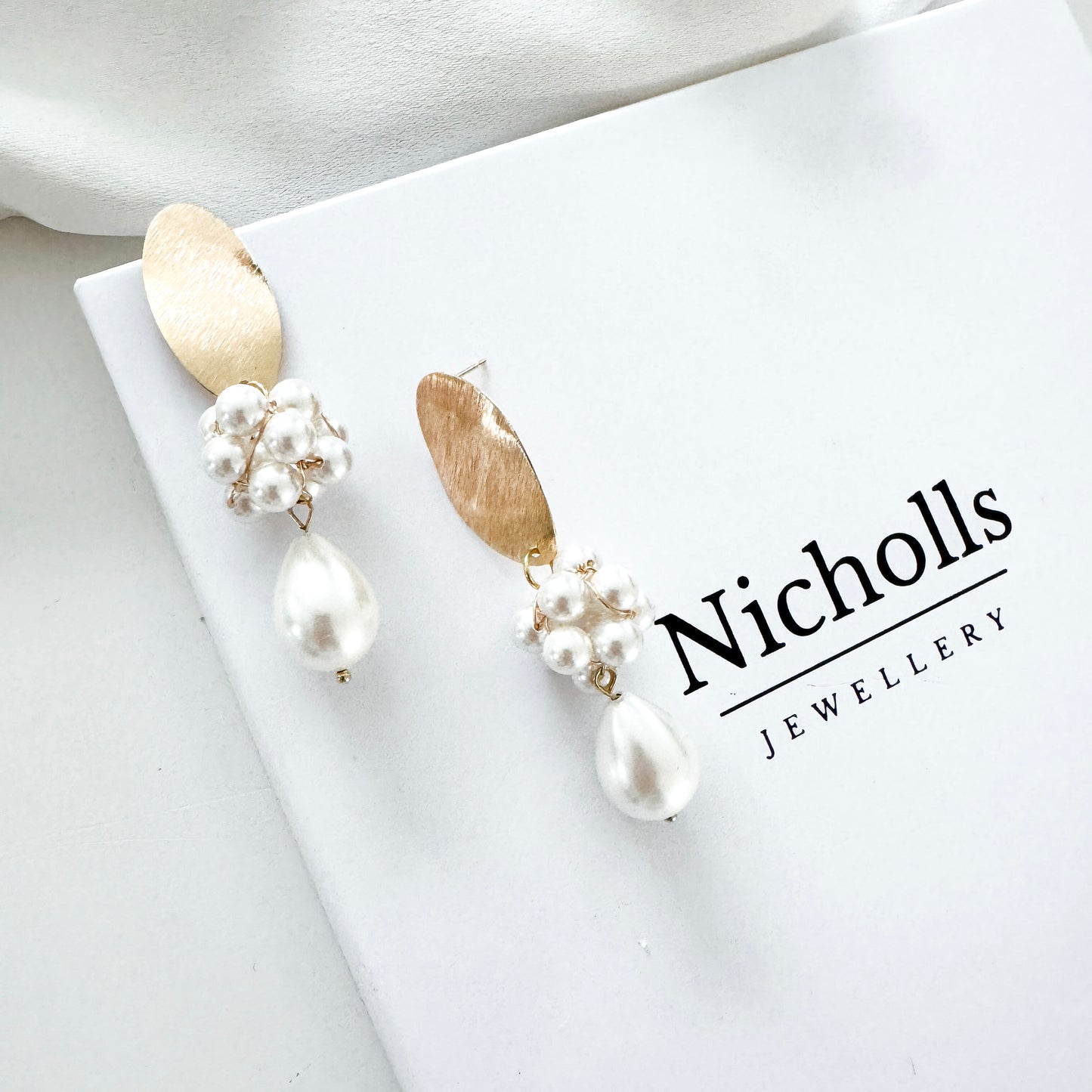 Brushed Gold Oval Cluster Ball and Chunky Pearl Statement Earrings