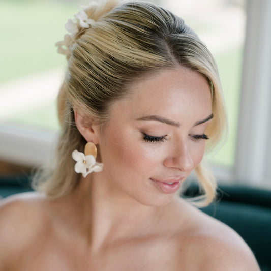Dahlia Brushed Gold Oval Porcelain Flower Earrings