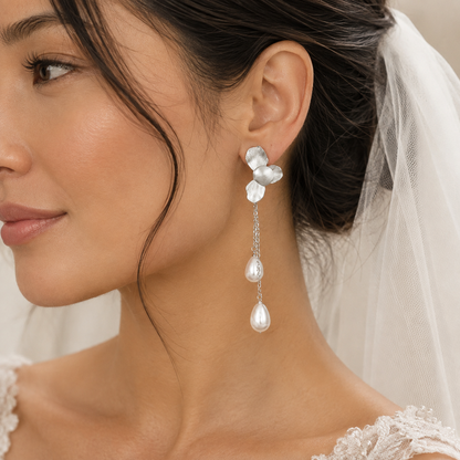 Silver Folded Flower Chain and Dainty Teardrop Pearl Earrings