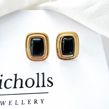 Black Rectangle Gold Earrings, Waterproof, Stainless Steel Statement Earrings