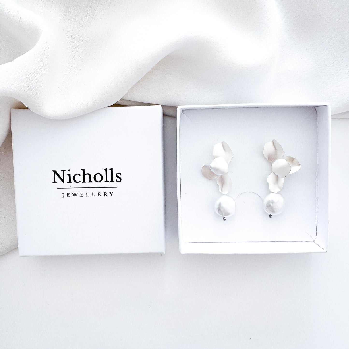 Silver Folded Flower Pearl Earrings