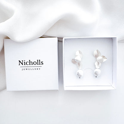 Silver Folded Flower Pearl Earrings