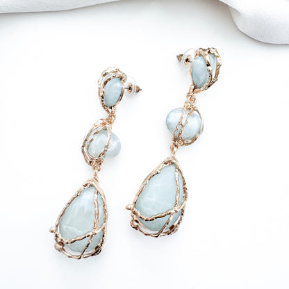 Gold Drip & Blue Grey Crystal Drop Earrings – Statement Party, Bridal & Christmas Jewellery