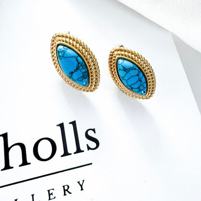Oval Diamond Shape Blue Stone 18k Gold Earrings