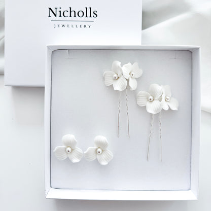 Delicate Porcelain Flower & Pearl Stud Earrings with matching Porcelain Flower Hair Pins