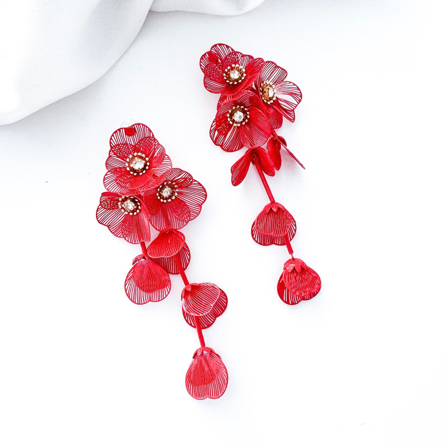Red Flower Statement Earrings- Lightweight Waterfall Design