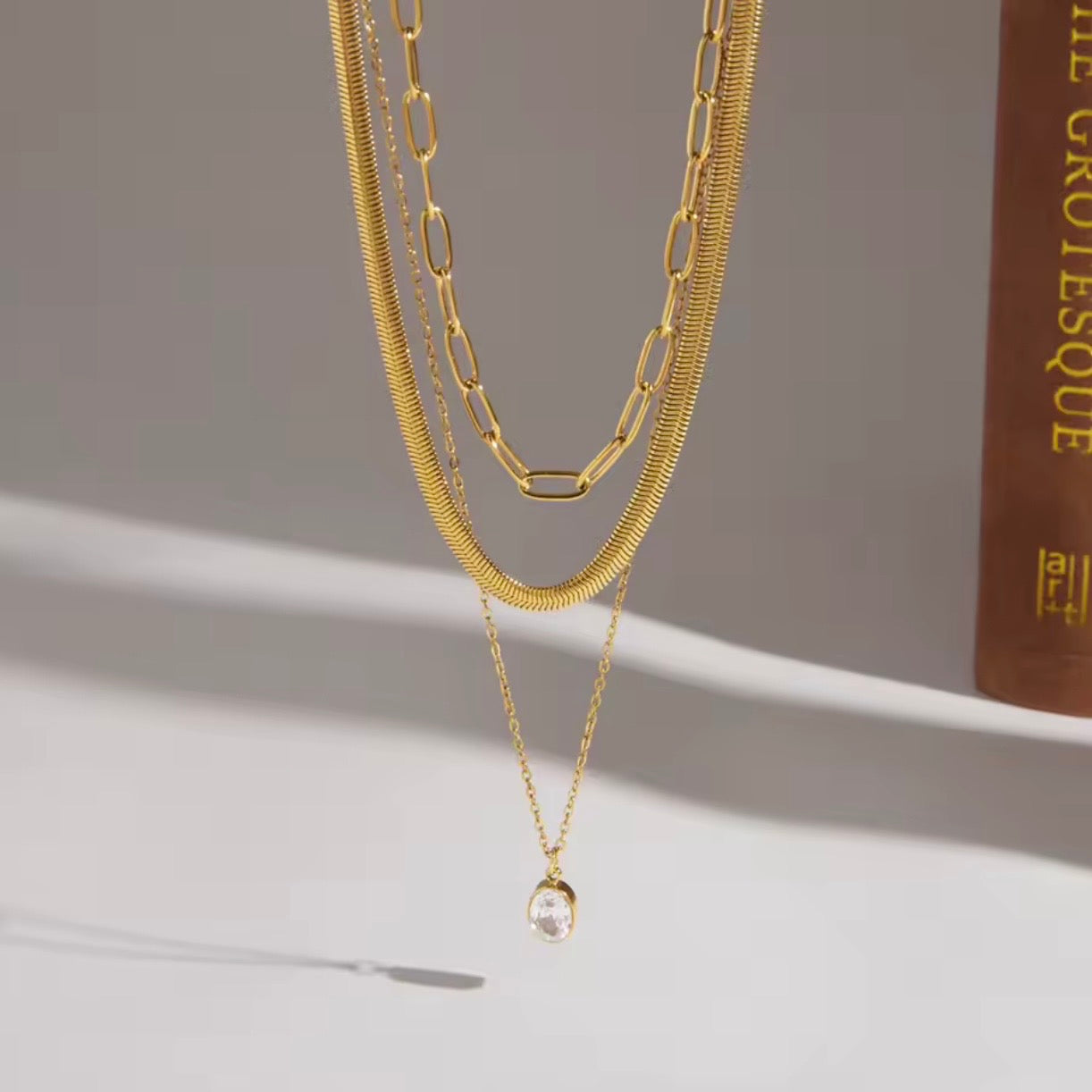 Triple Layer Waterproof Gold Necklace Snake Bone, Paper Chain and Zircon Crystal | 18k Gold PVD Stainless Steel