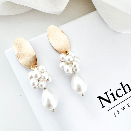Brushed Gold Oval Cluster Ball and Chunky Pearl Statement Earrings