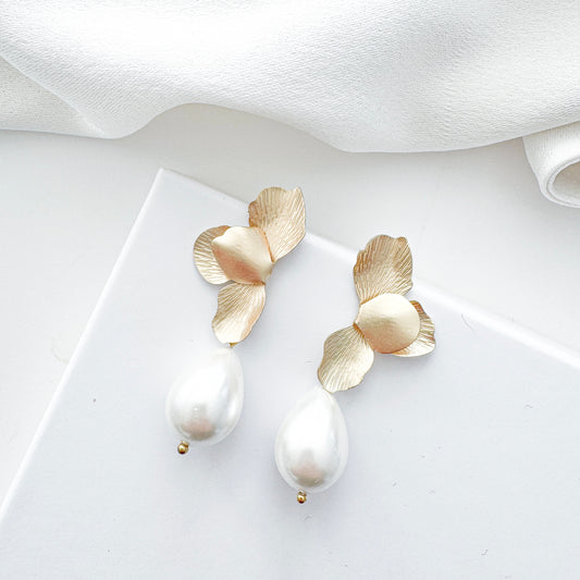 Gold Folded Flower Earrings with Chunky Teardrop