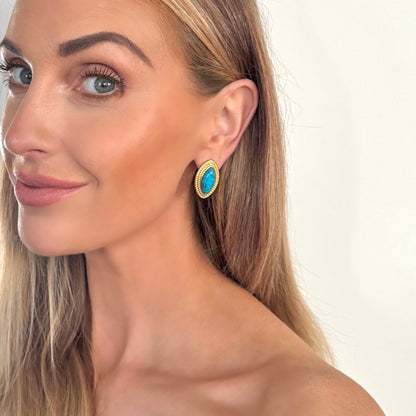 Oval Diamond Shape Blue Stone 18k Gold Earrings