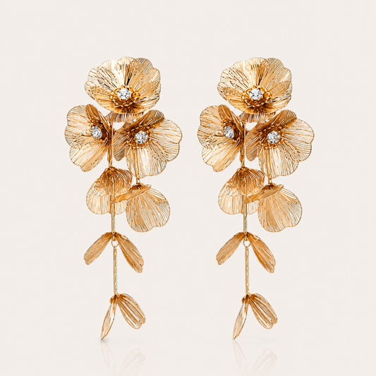 Gold Flower Statement Earrings- Lightweight Waterfall Design