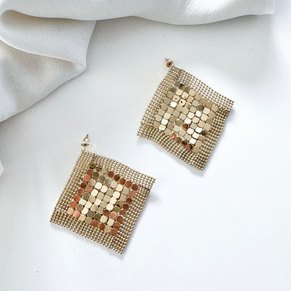 Gold Metal Sequin Square Diamond Sparkly Statement Earrings for Parties and Nights Out