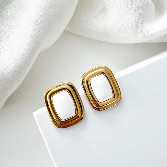 White Rectangle Gold Earrings, Waterproof, Stainless Steel Statement Earrings