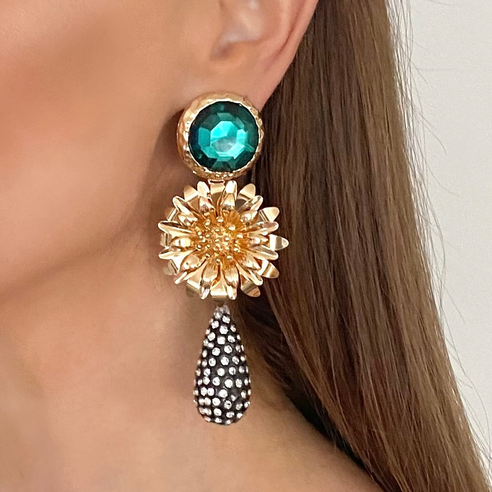 Statement Emerald Stone Gold Flower Crystal Drop Earrings