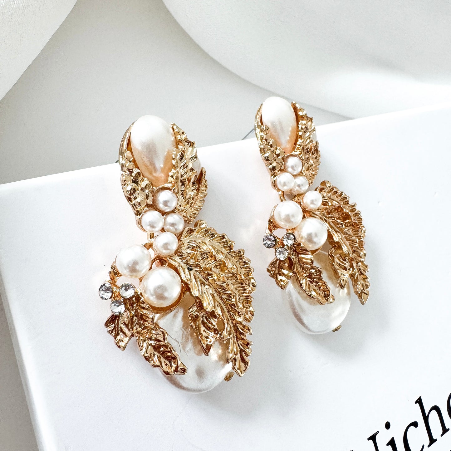 Gold Leaf & Pearl Statement Earrings | Vintage-Inspired Bridal Jewellery