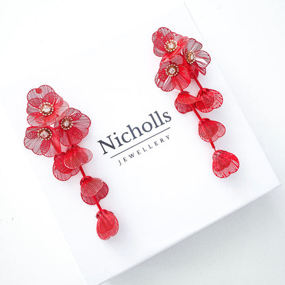 Red Flower Statement Earrings- Lightweight Waterfall Design