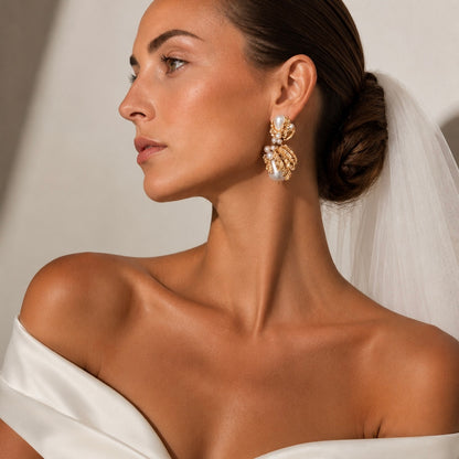 Gold Leaf & Pearl Statement Earrings | Vintage-Inspired Bridal Jewellery