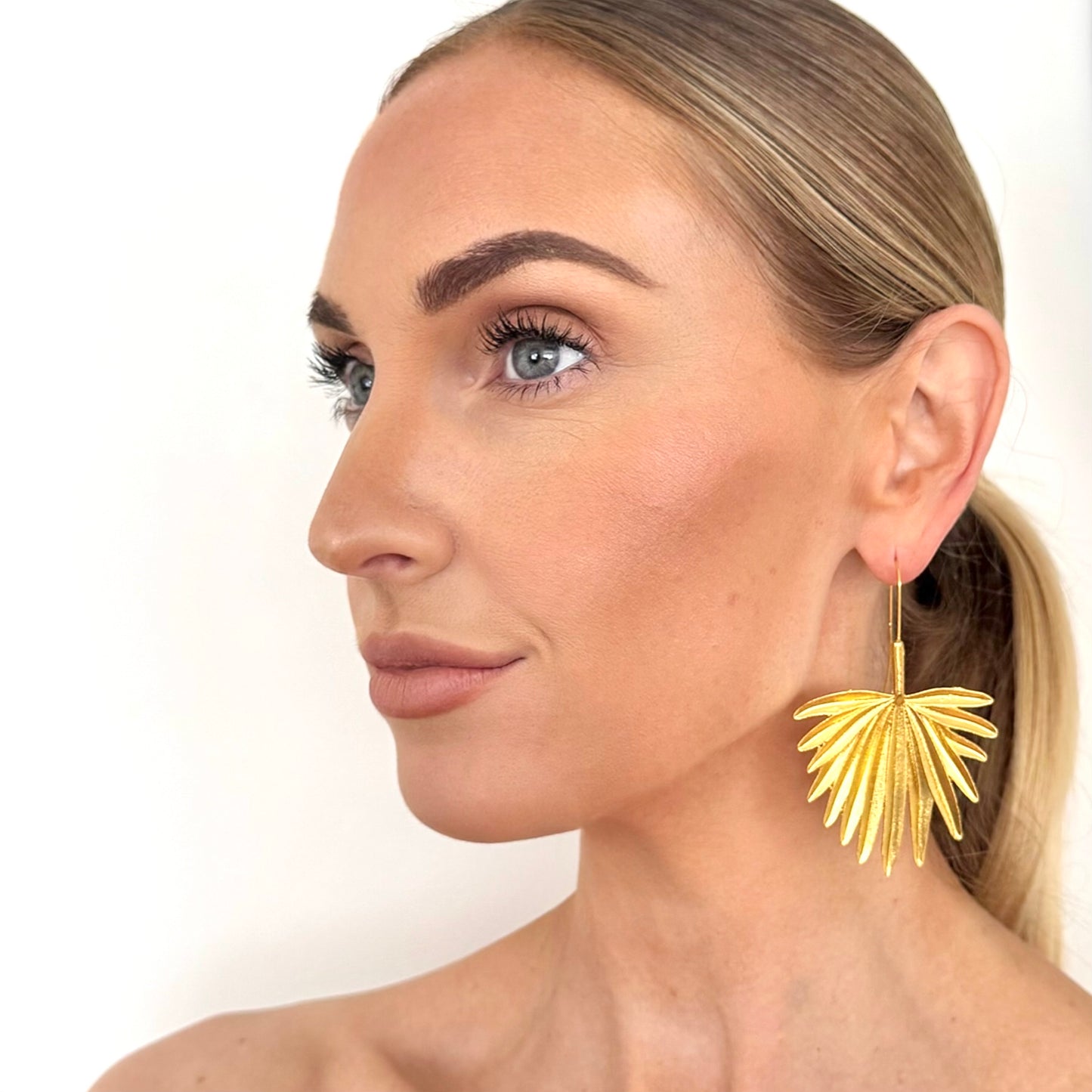 Bold Palm Tree Leaf Gold Earrings