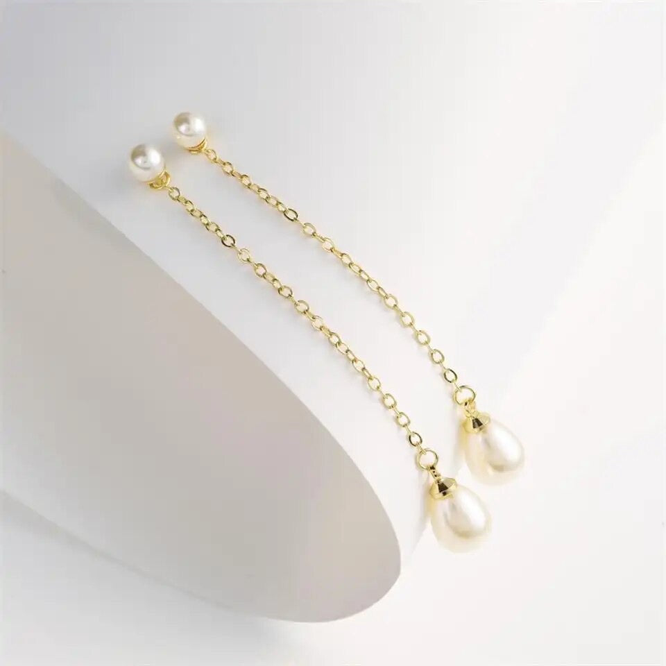 Pearl Drop Chain 2-in-1 Stud Earrings Gold