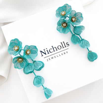 Waterfall Statement Green Flower Earrings