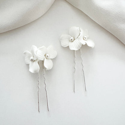 Delicate Porcelain Flower & Pearl Stud Earrings with matching Porcelain Flower Hair Pins