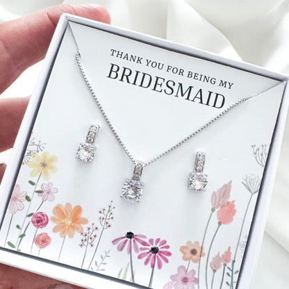 Square Cubic Zirconia Bridesmaid Jewellery Gift Set – Crystal Earrings & Matching Necklace