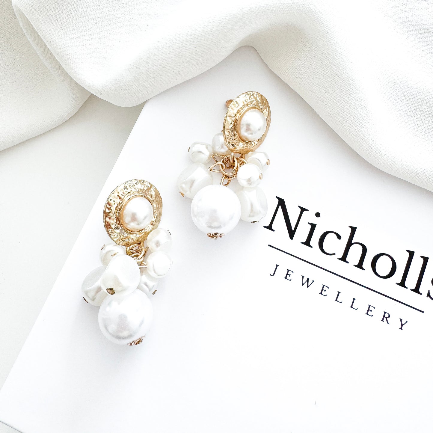 Gold and Pearl Cluster Drop Modern Grecian Earrings