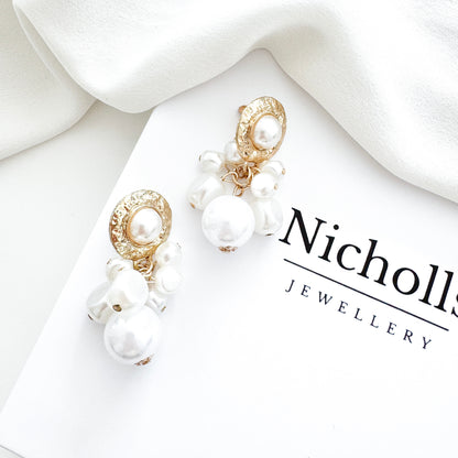 Gold and Pearl Cluster Drop Modern Grecian Earrings
