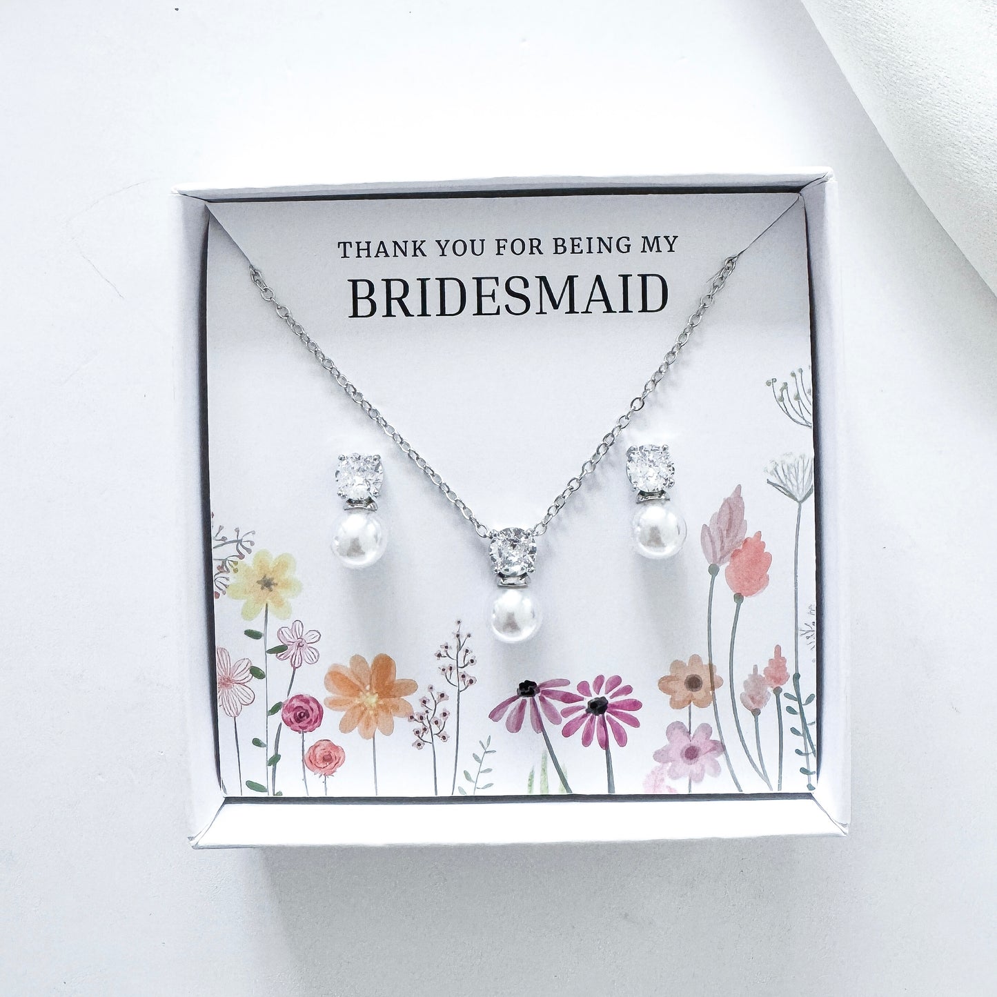 Pearl Bridesmaid Jewellery Gift Set – Cubic Zirconia & Pearl Earrings with Matching Necklace