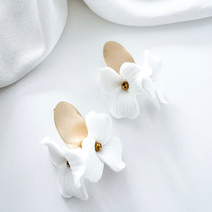 Dahlia Brushed Gold Oval Porcelain Flower Earrings
