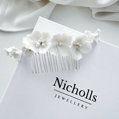 Marigold White Porcelain Flower Bridal Hair Comb Wedding Hair Accessory