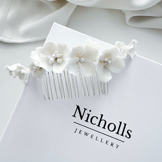 Marigold White Porcelain Flower Bridal Hair Comb Wedding Hair Accessory