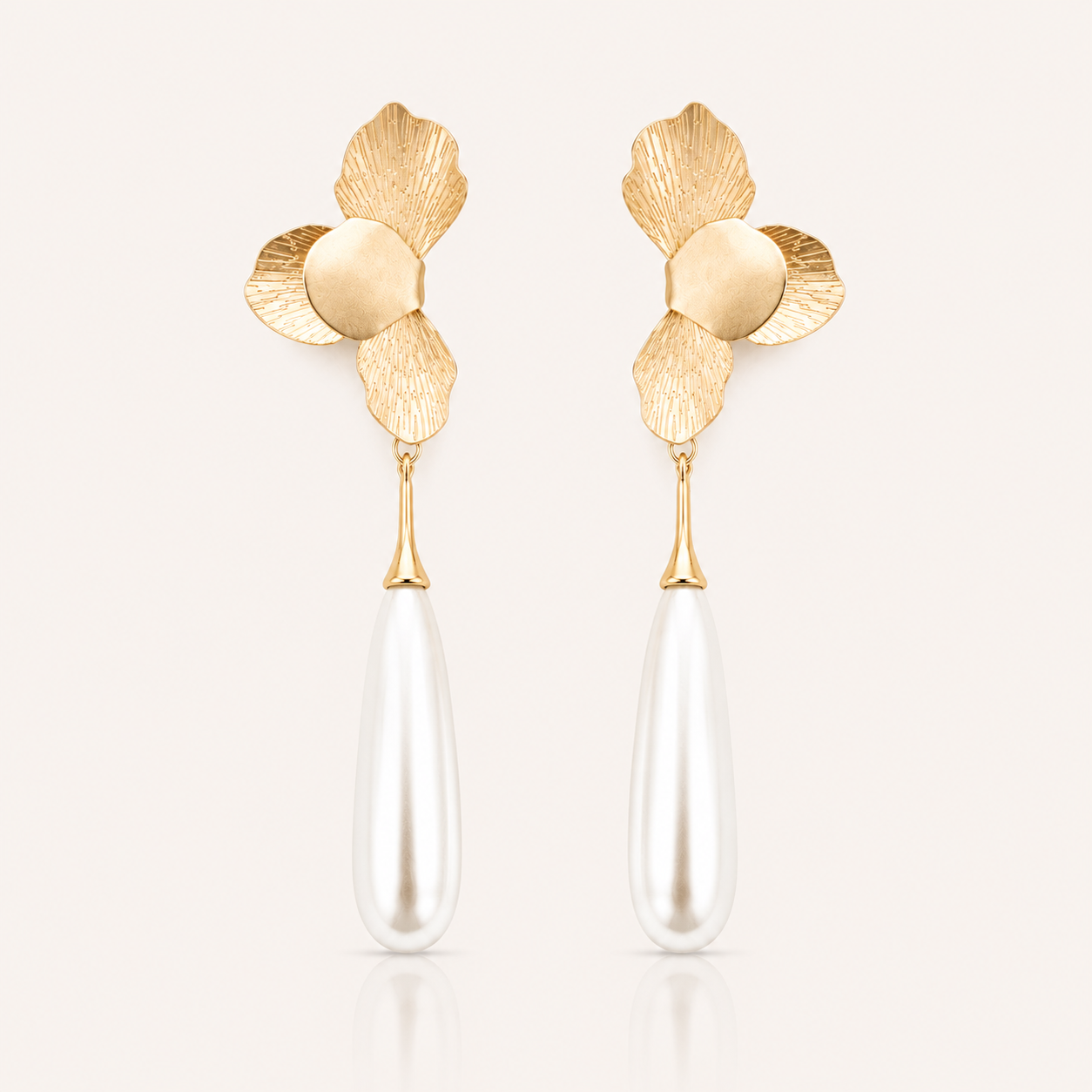 Gold Folded Flower and Long Elegant Pearl Earrings