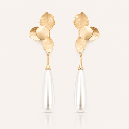 Gold Folded Flower and Long Elegant Pearl Earrings