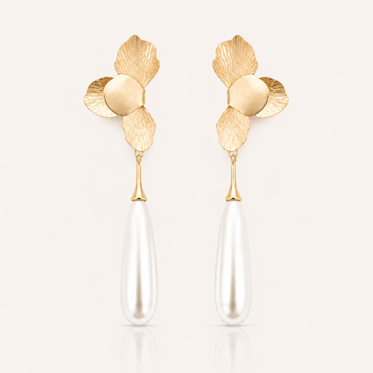 Gold Folded Flower and Long Elegant Pearl Earrings