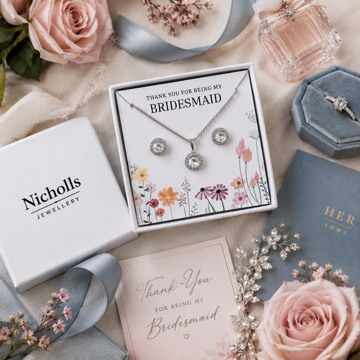 Bridesmaid Jewellery Gift Set – Round Cubic Zirconia Earrings & Necklace Thank You Gift Set
