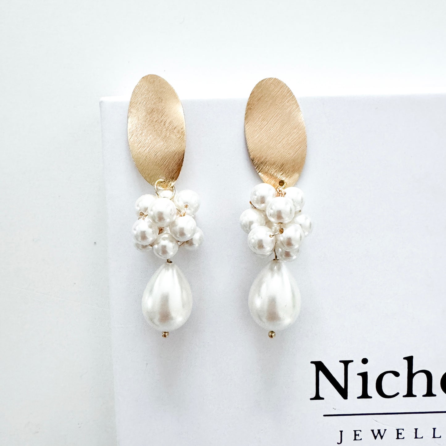 Brushed Gold Oval Cluster Ball and Chunky Pearl Statement Earrings