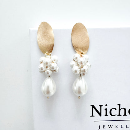 Brushed Gold Oval Cluster Ball and Chunky Pearl Statement Earrings