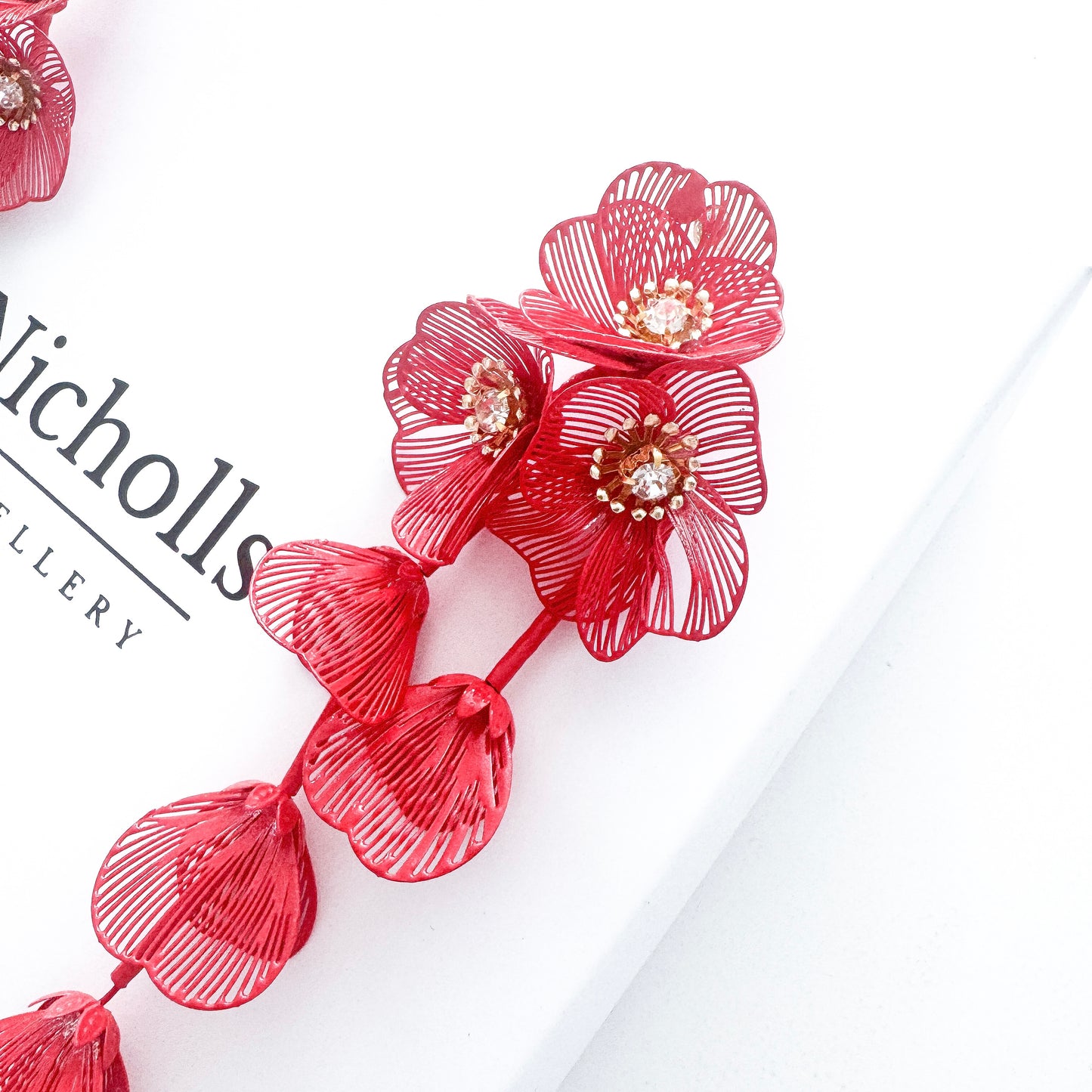 Red Flower Statement Earrings- Lightweight Waterfall Design